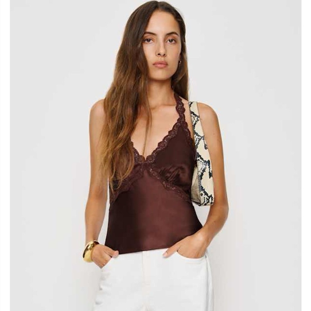 Reformation Monica silk top in Mahogany size small
